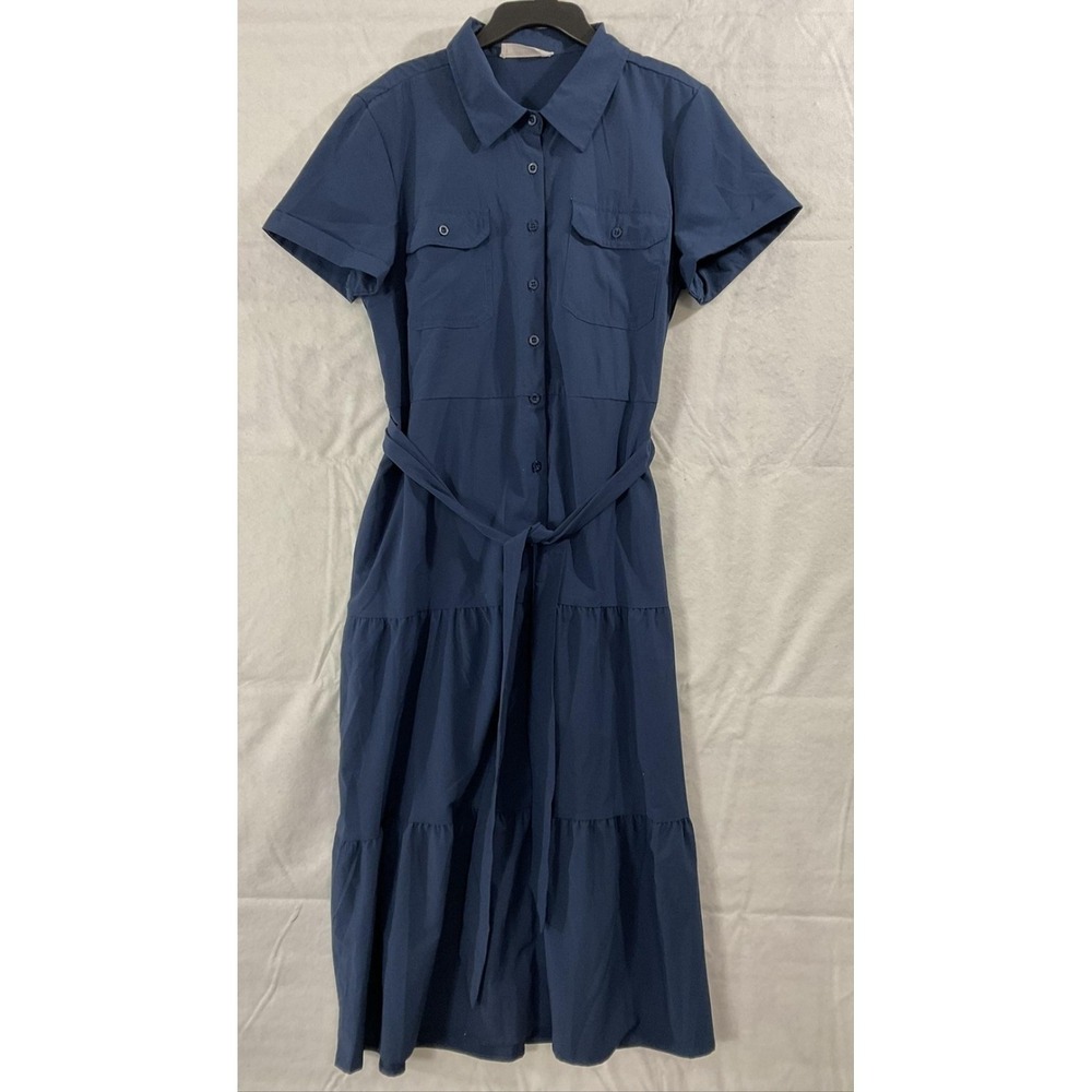 Lucky Brand Dress Womens Large Blue Shirt Midi Button Front Belted Tiered